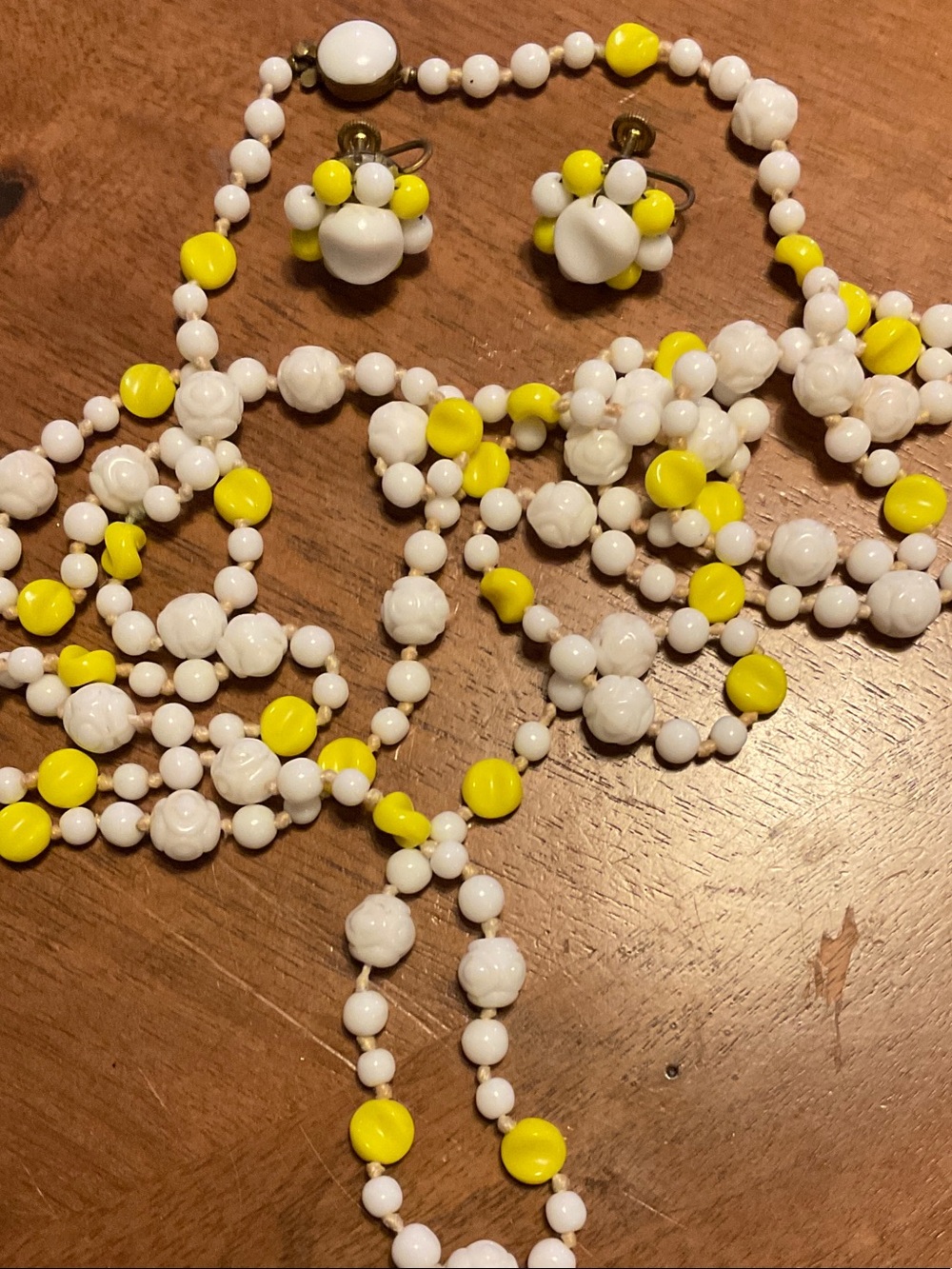 White and Yellow Beaded Necklace and Clip-On Earrings Set